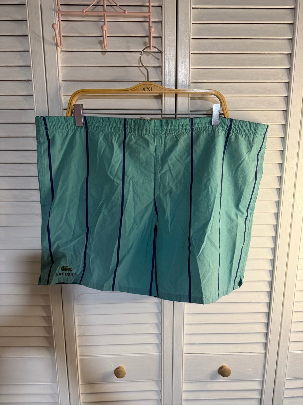 Lacoste Men's Teal Swim Shorts with Navy Stripes